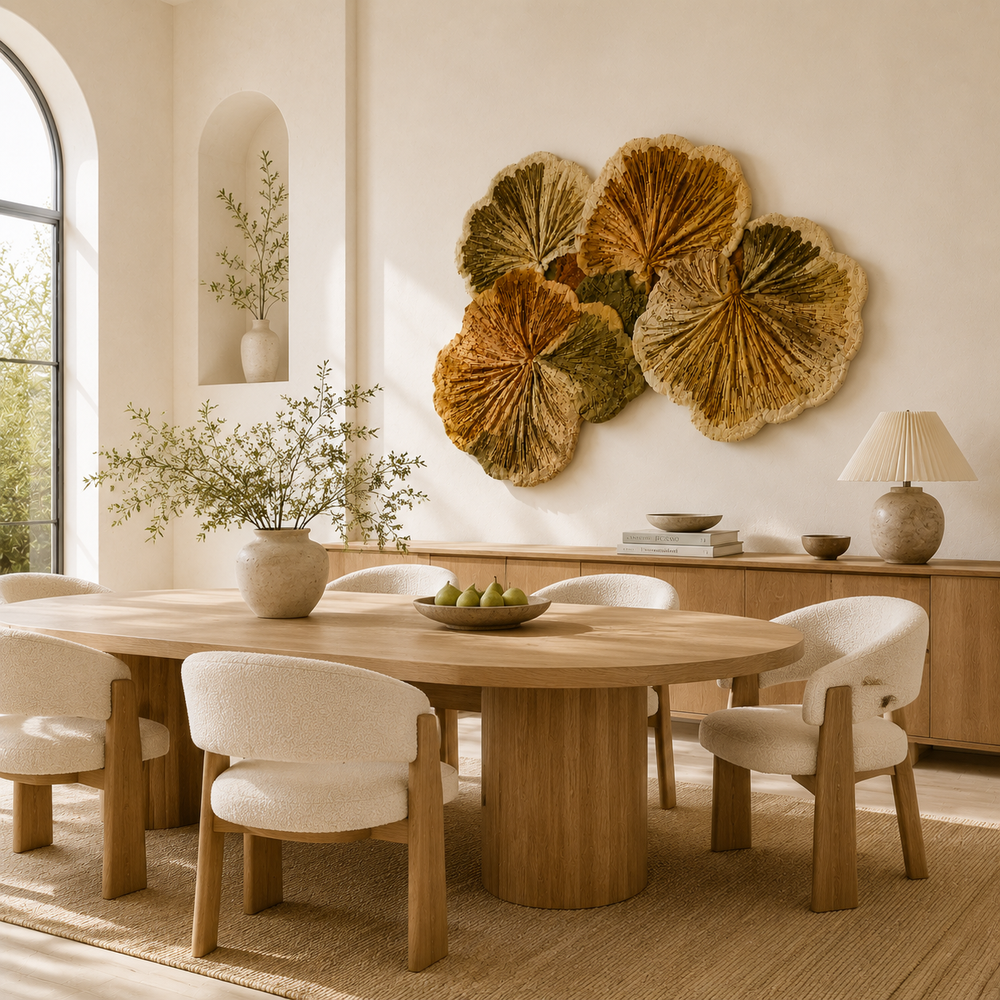 Autumn ginkgo cluster wall art by Hewn Earth featuring vibrant yellow and orange ginkgo leaves on a neutral background.