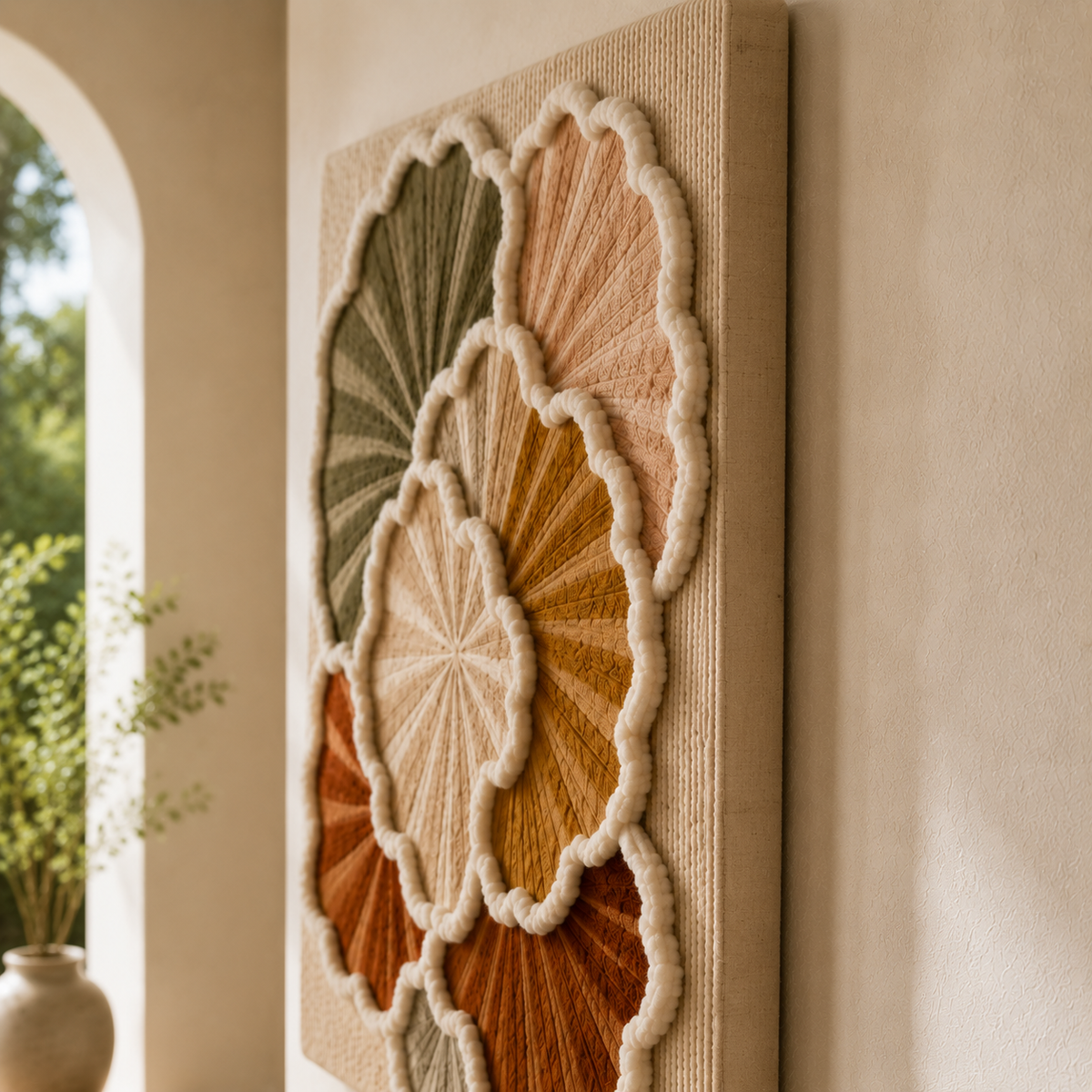 Hewn Earth Petal Rosette wall art featuring a detailed, textured floral design in soft, natural tones for home decor.
