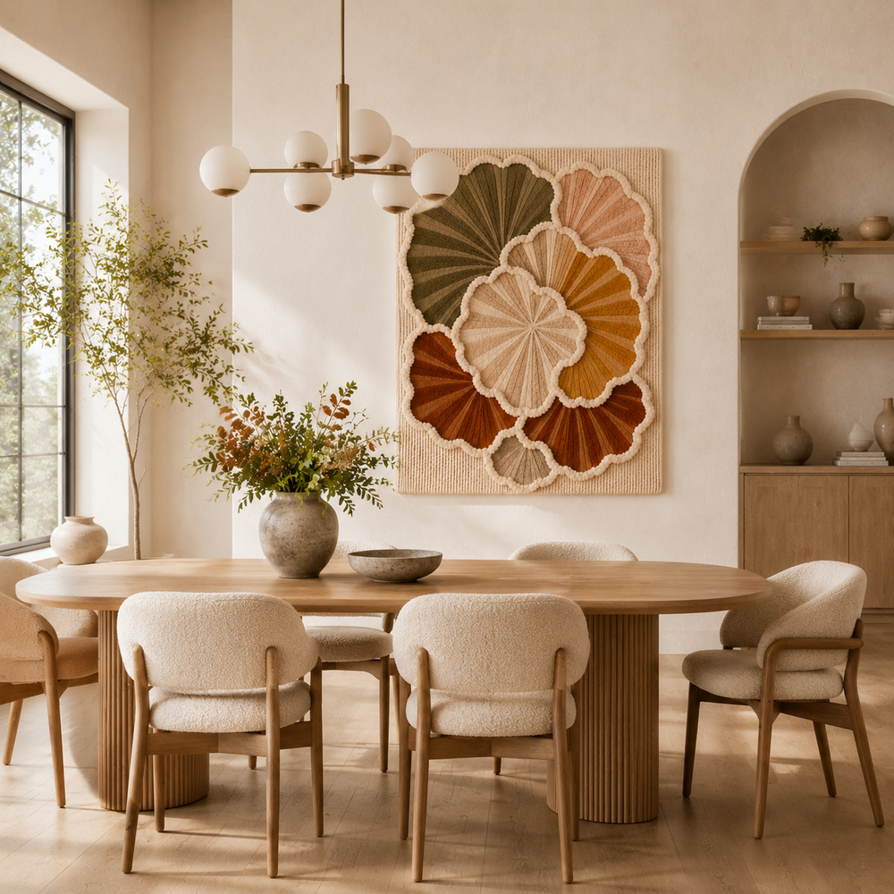 Hewn Earth Petal Rosette wall art featuring a detailed, handcrafted floral design in neutral tones.