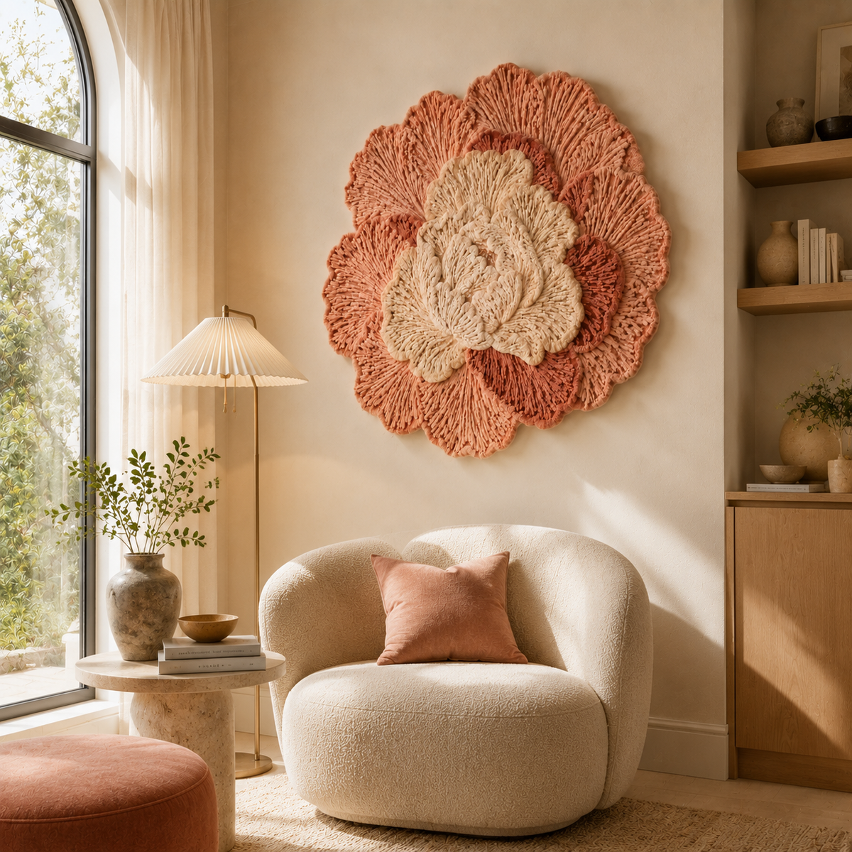 Coral Camellia wall art by Hewn Earth showing a vibrant coral-colored floral design on a textured background.