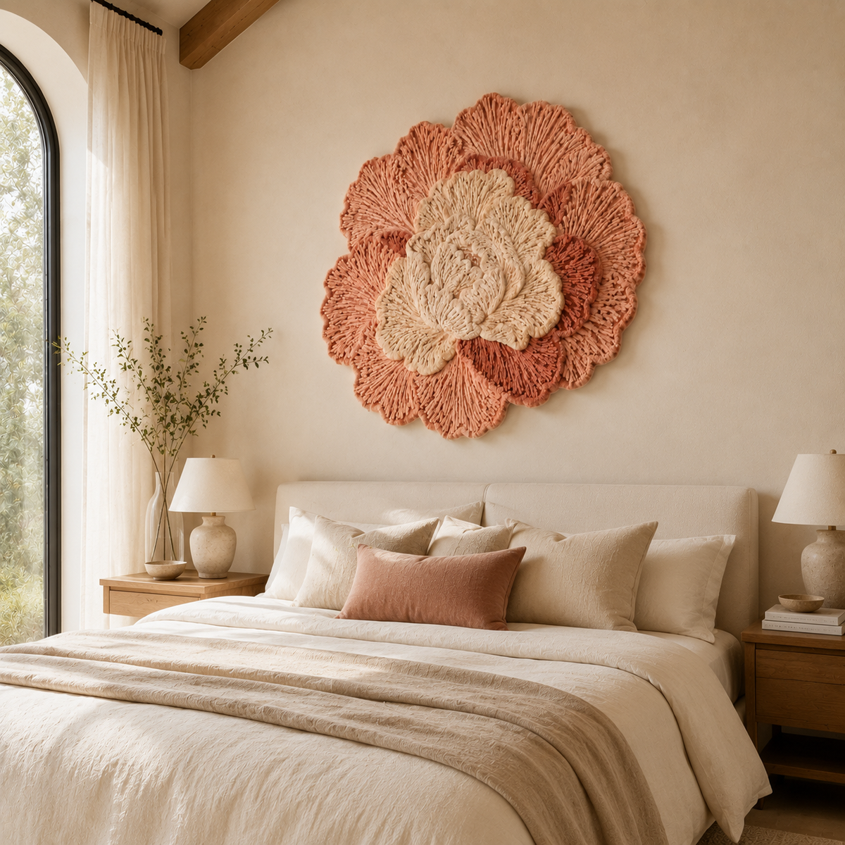 Coral-colored Camellia wall art by Hewn Earth, showcasing vibrant floral design on a textured background.