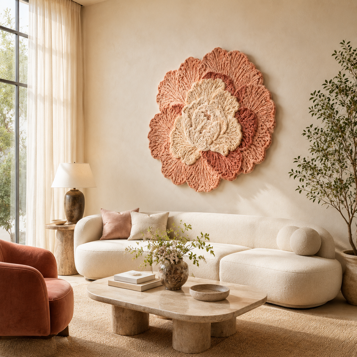 Coral Camellia wall art by Hewn Earth featuring a vibrant floral design on a textured canvas.