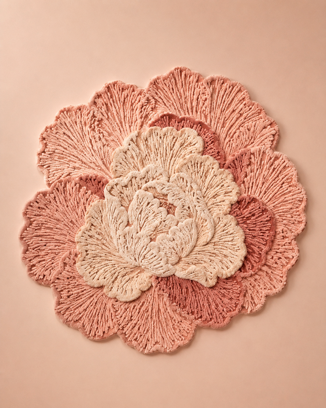 Coral-colored Camellia wall art by Hewn Earth, featuring vibrant floral design on a textured background.
