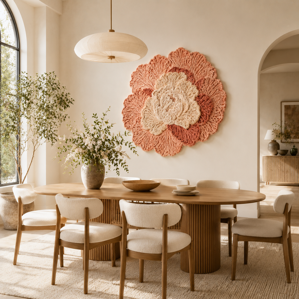 Hewn Earth Coral Camellia wall art, vibrant orange floral design on textured canvas, decorative home wall decor piece