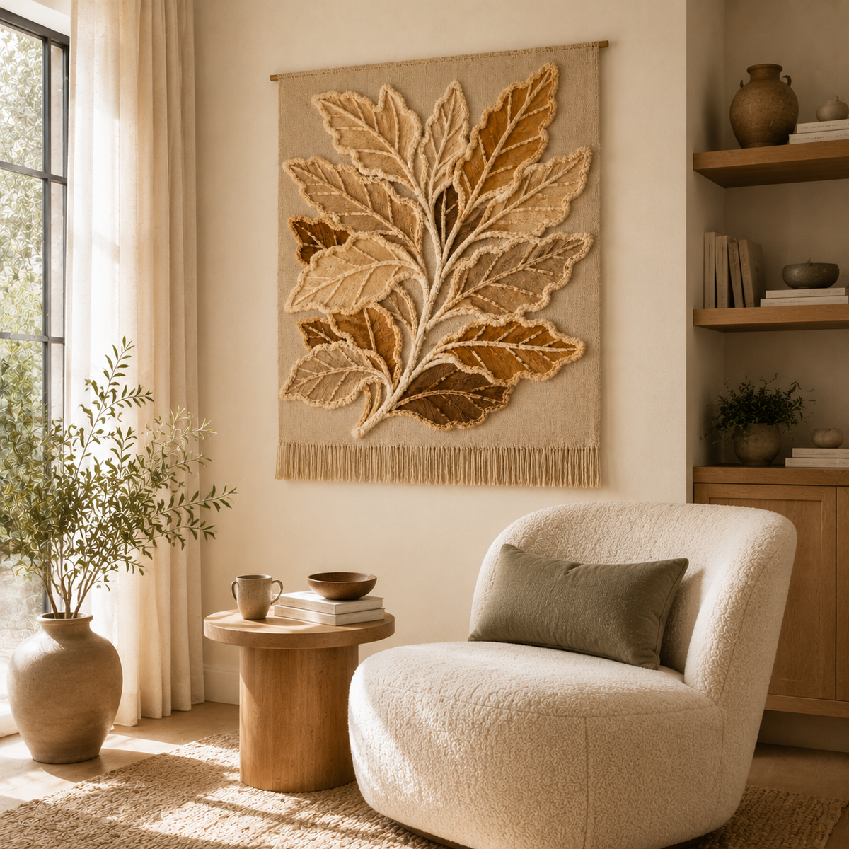 Sepia-toned wall art featuring a branch design by Hewn Earth, labeled Sepia Branch HE-0011, displayed on a neutral background.
