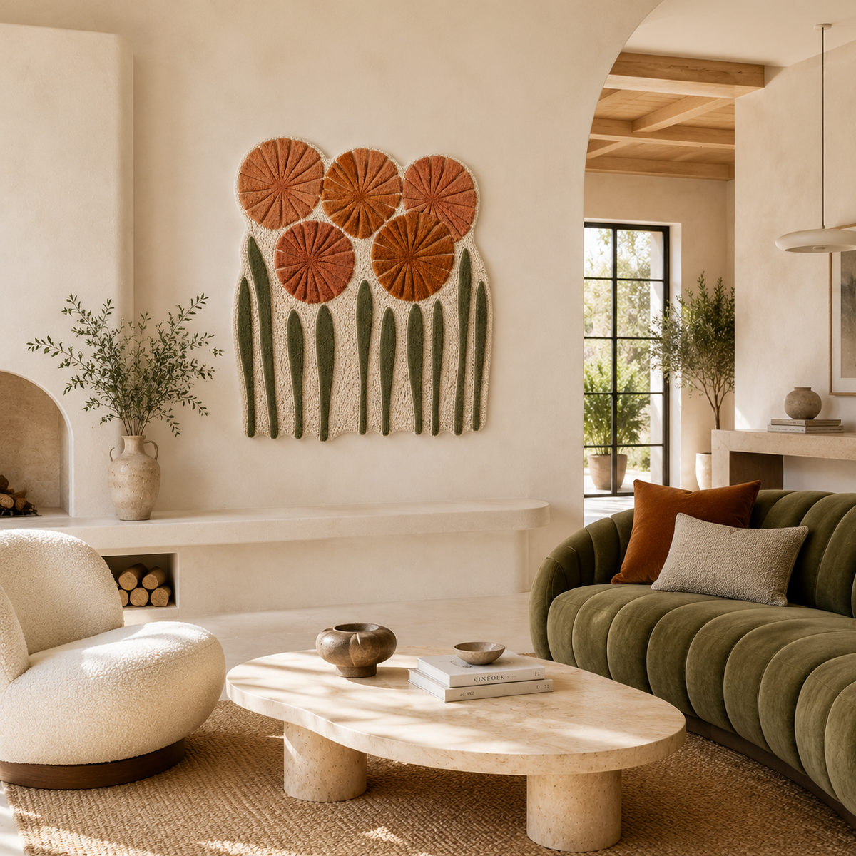 Hewn Earth wall art featuring terracotta poppies with vibrant orange flowers and green leaves on a textured background.