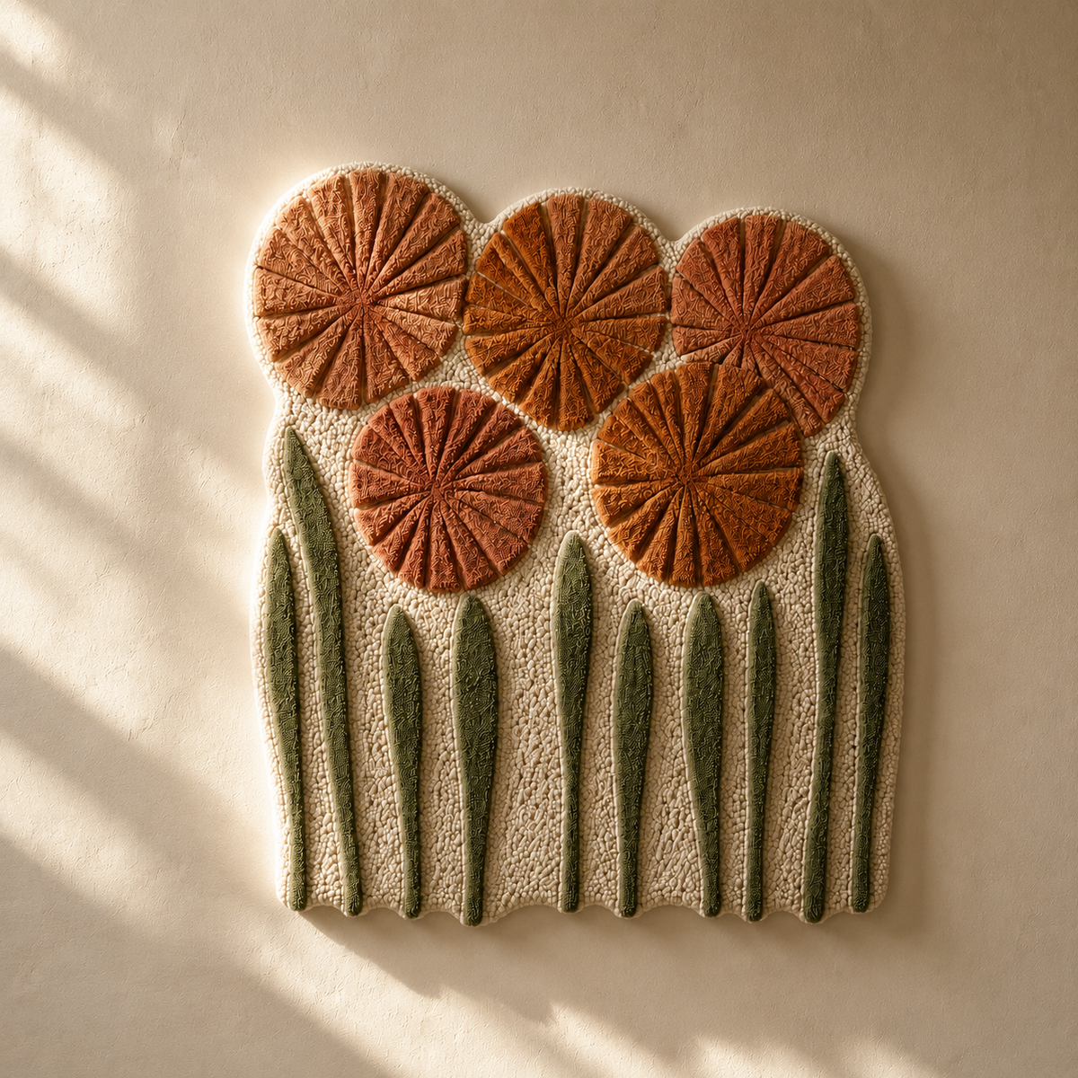 Hewn Earth terracotta wall art featuring poppies with a textured, earthy design on a neutral background.