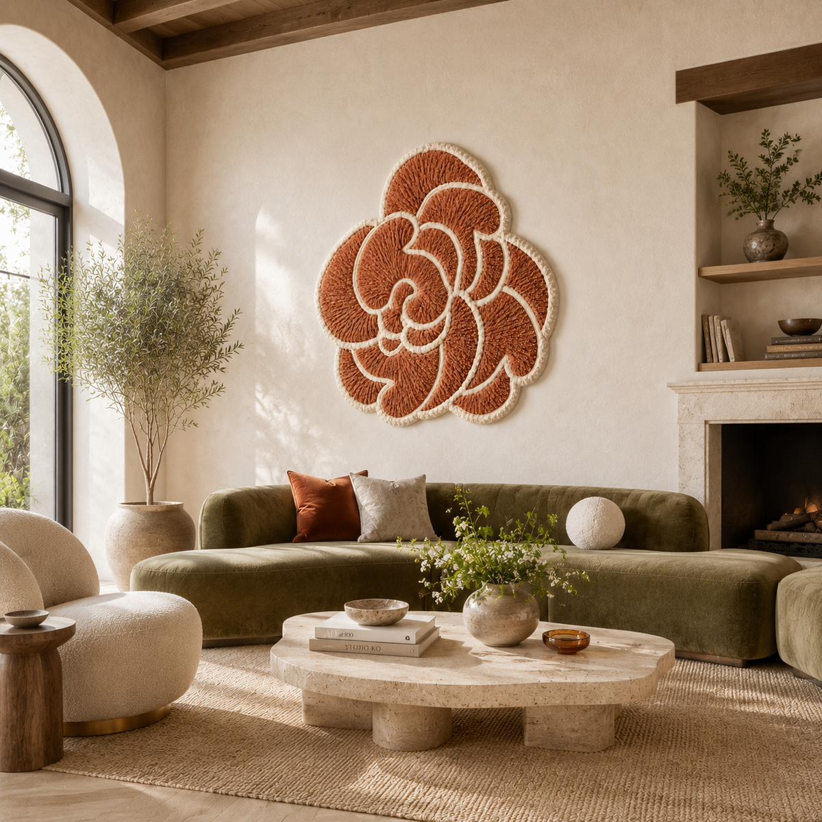 Hewn Earth Spiral Rose wall art featuring a detailed, textured rose design in a circular pattern, ideal for home decor.