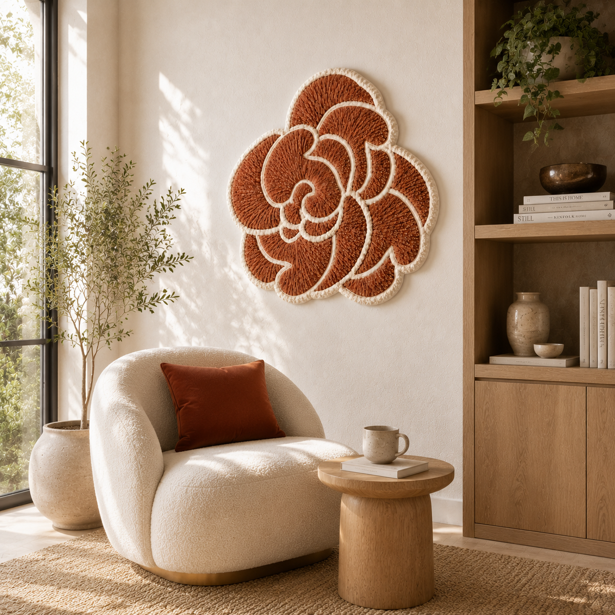 Hewn Earth Spiral Rose wall art, abstract metal wall decor with a spiral rose design, mounted on a neutral background.