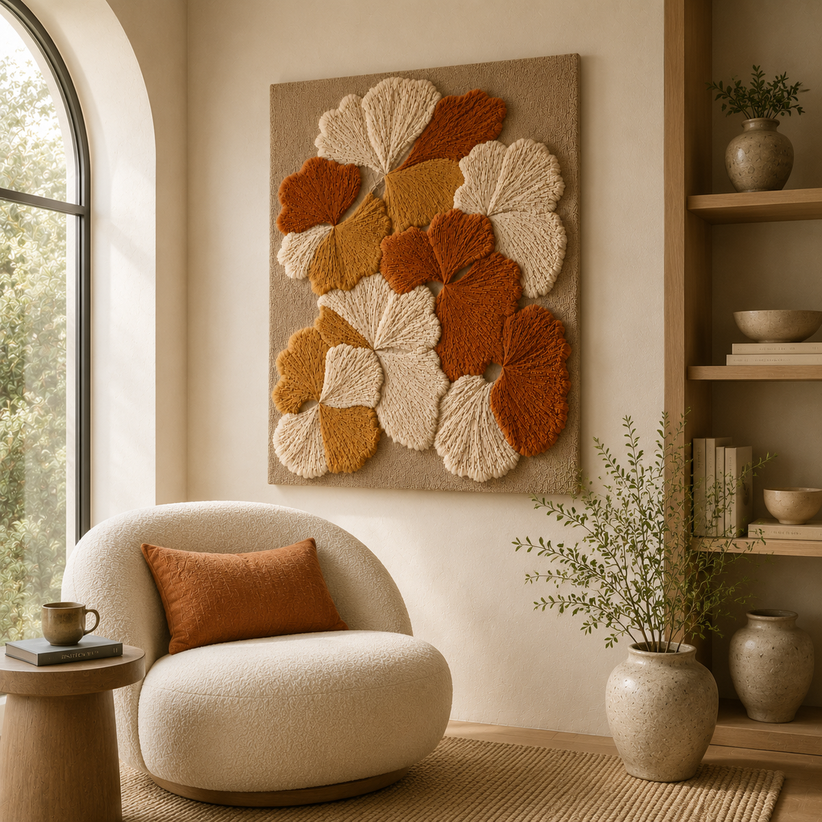 Hewn Earth Ginkgo Leaves wall art featuring detailed illustrations of ginkgo leaves on a neutral background.