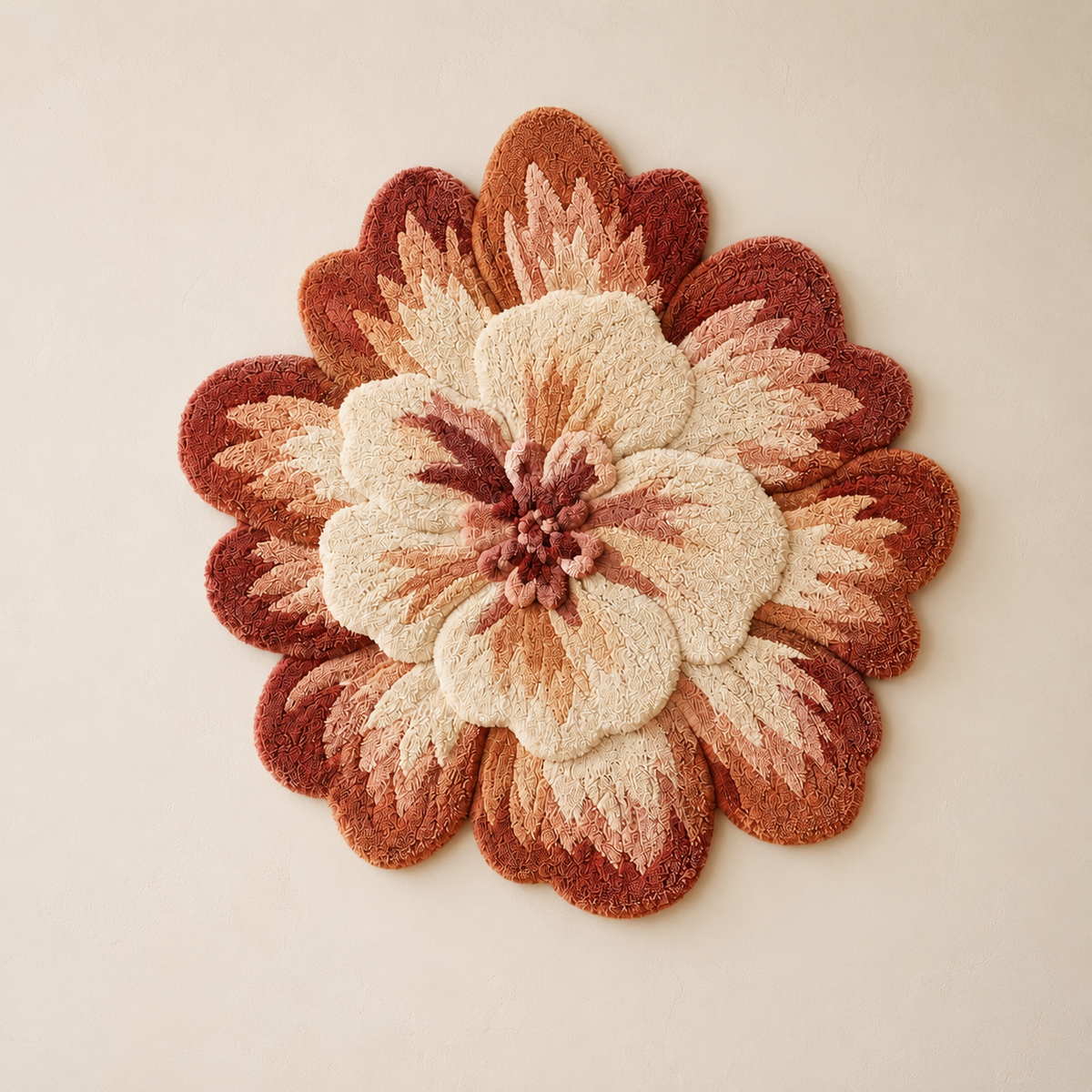 Layered rose bloom wall art by Hewn Earth featuring a textured, multi-layered pink and red floral design on a neutral background.