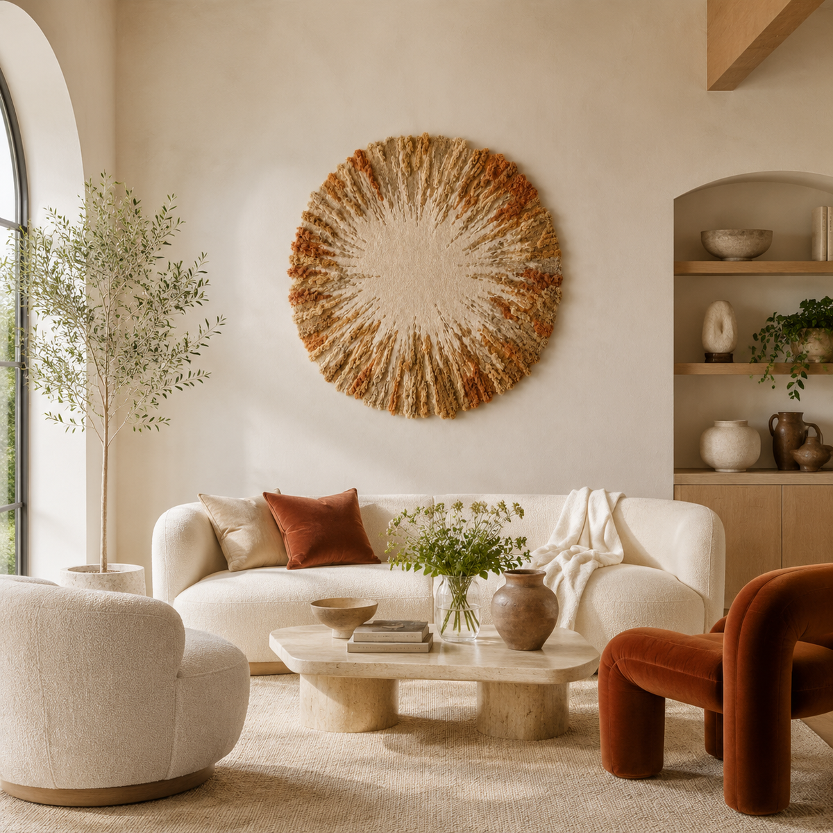 Sage Sunburst wall art by Hewn Earth featuring a vibrant sunburst design on a textured background.