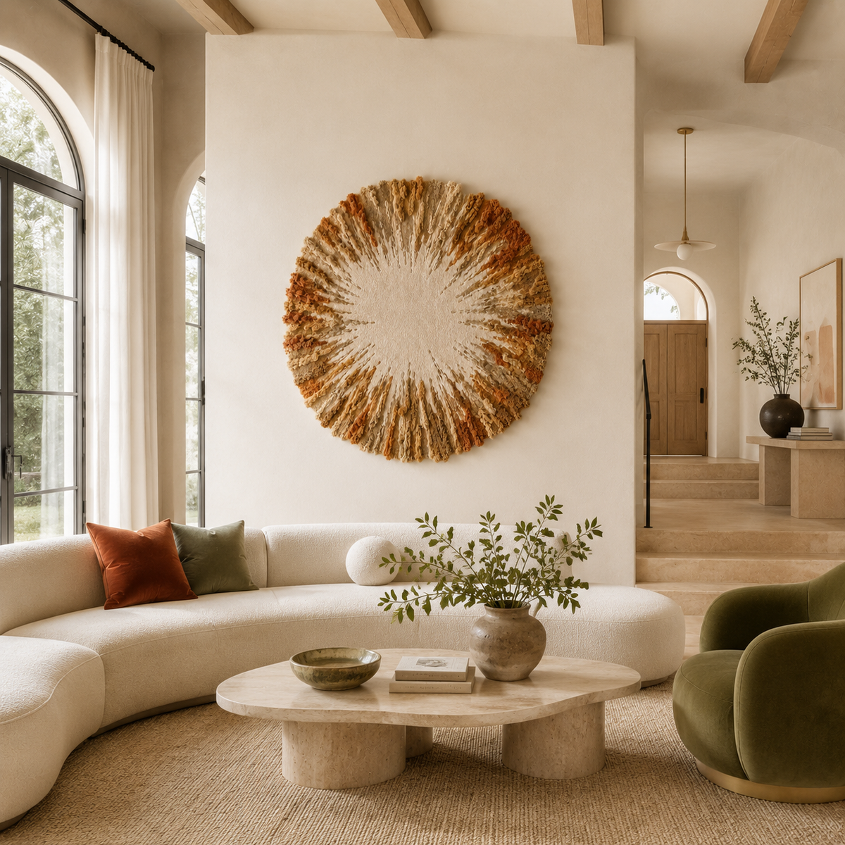 Sage Sunburst wall art by Hewn Earth featuring a vibrant sunburst design on a textured background.