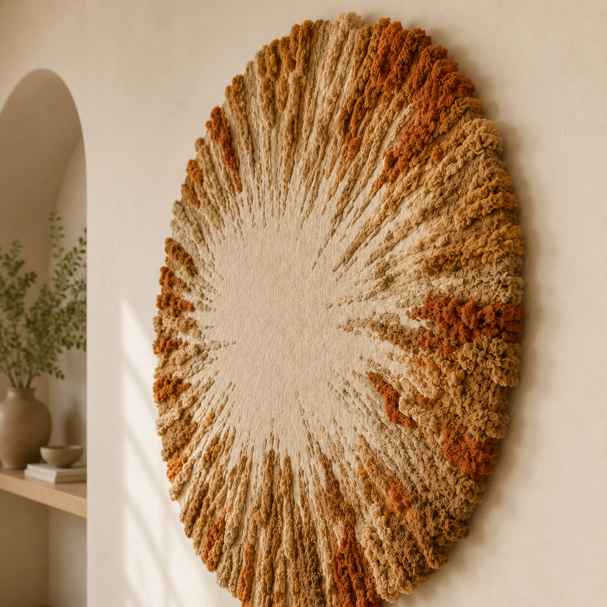 Sage Sunburst wall art by Hewn Earth featuring a vibrant sunburst design on textured canvas.