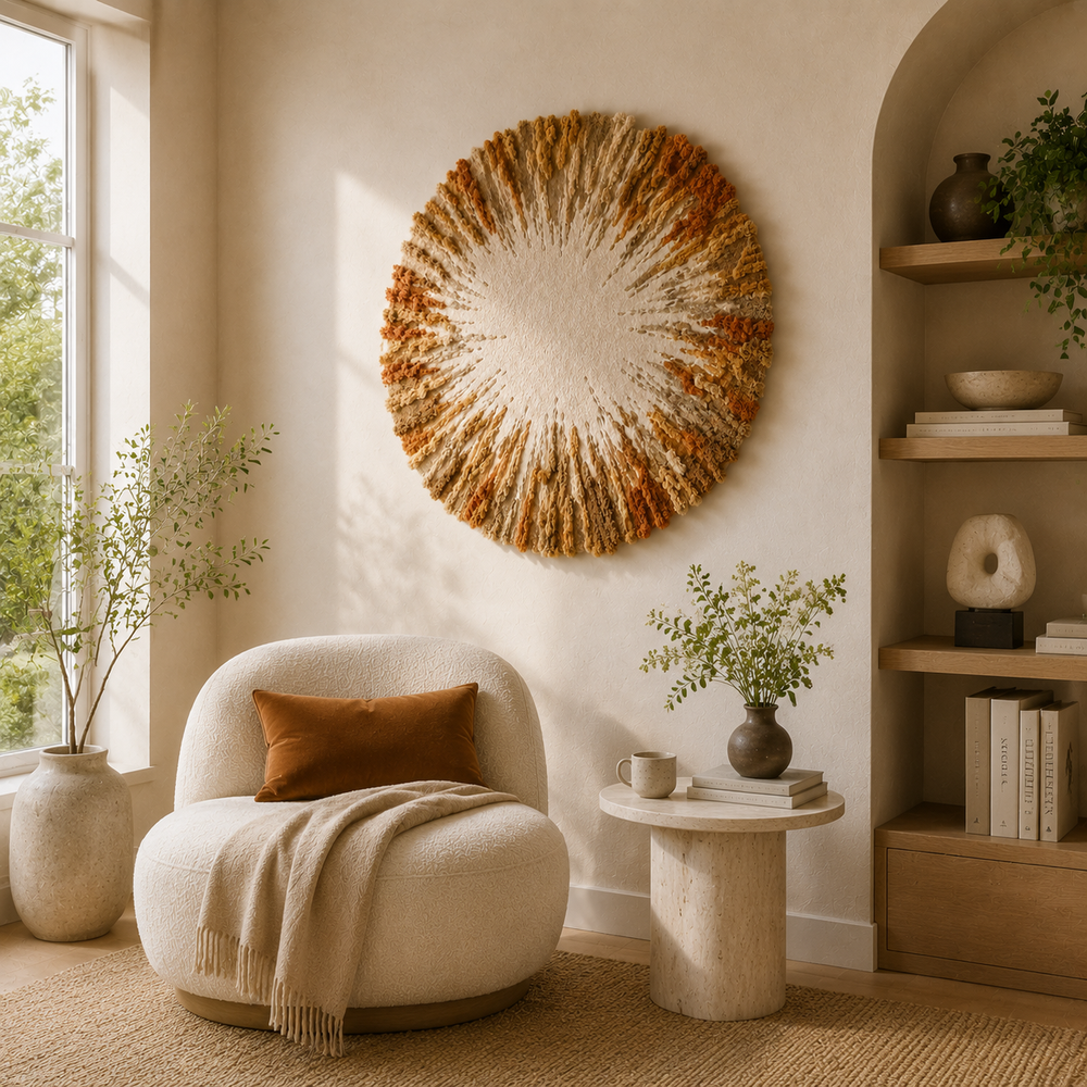 Sage Sunburst wall art by Hewn Earth featuring a vibrant, abstract sunburst design in earthy tones on a textured surface.