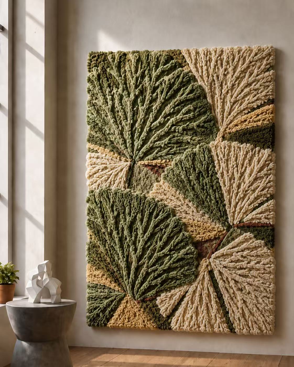 Botanical leaves wall art by Hewn Earth featuring vibrant green and textured leaf illustrations on a neutral background.