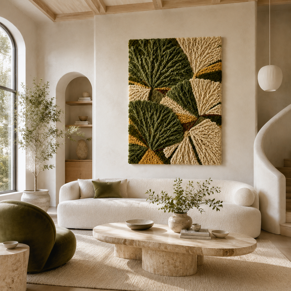 Hewn Earth Botanical Leaves wall art featuring detailed green and gold leaf designs on a neutral background.