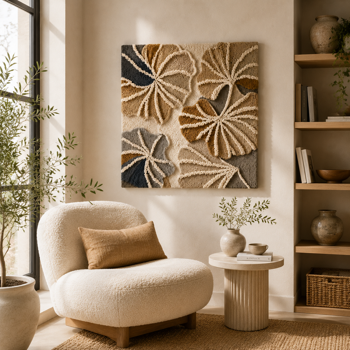 Neutral Ginkgo wall art by Hewn Earth featuring a detailed illustration of ginkgo leaves on a neutral background.