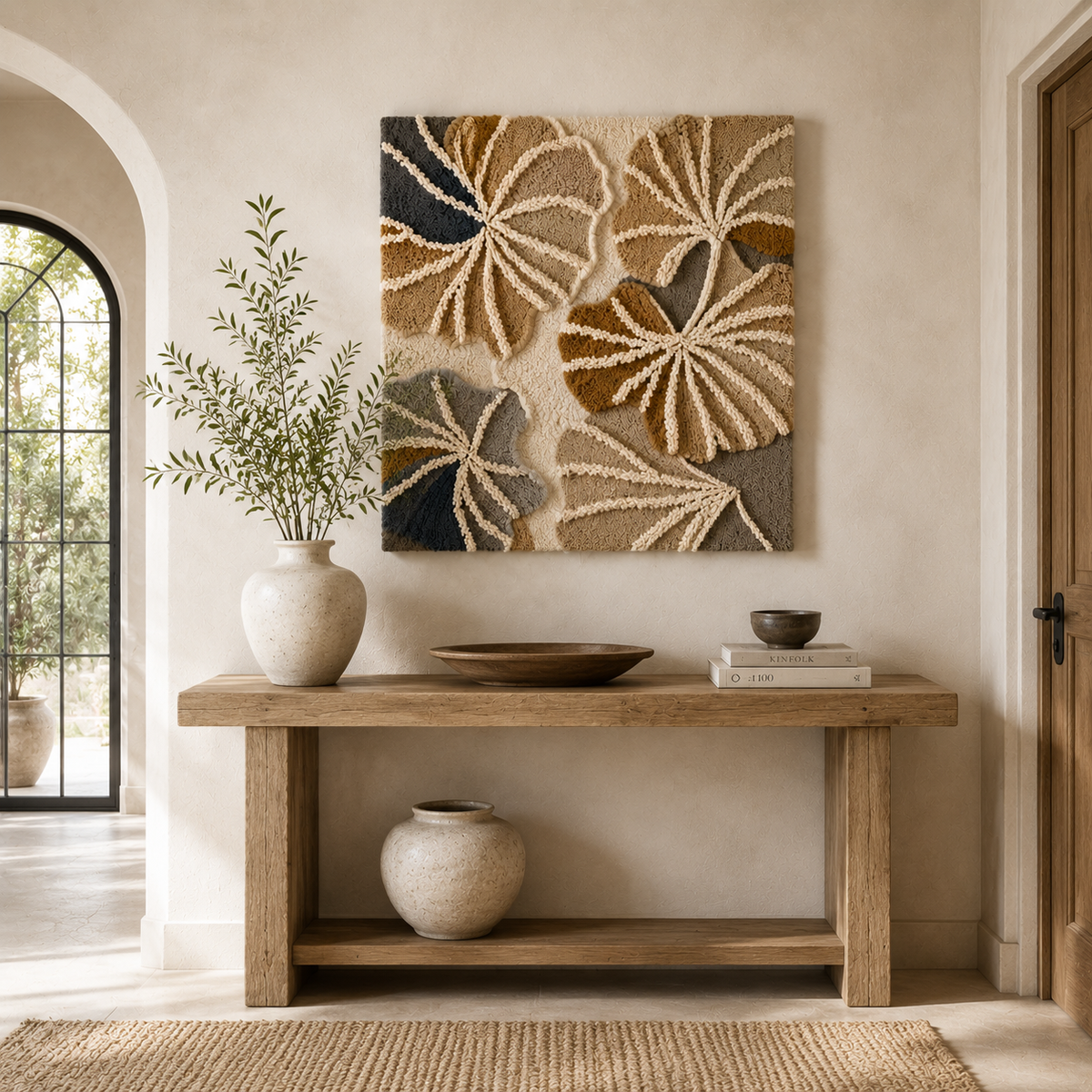 Neutral Ginkgo wall art by Hewn Earth featuring a detailed illustration of ginkgo leaves on a neutral background.