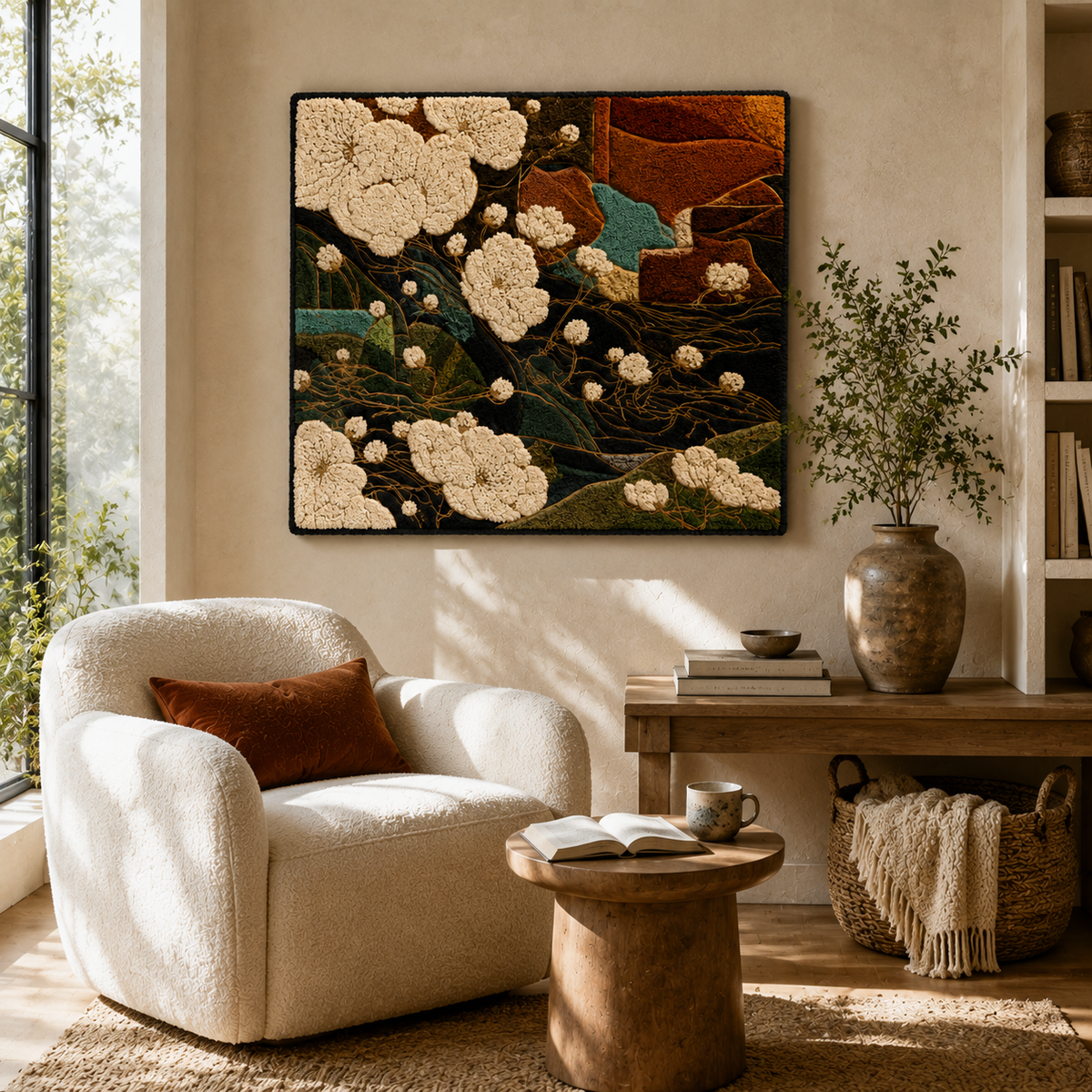 Hewn Earth Botanical Leaves wall art featuring detailed green leaf illustrations on a neutral background.