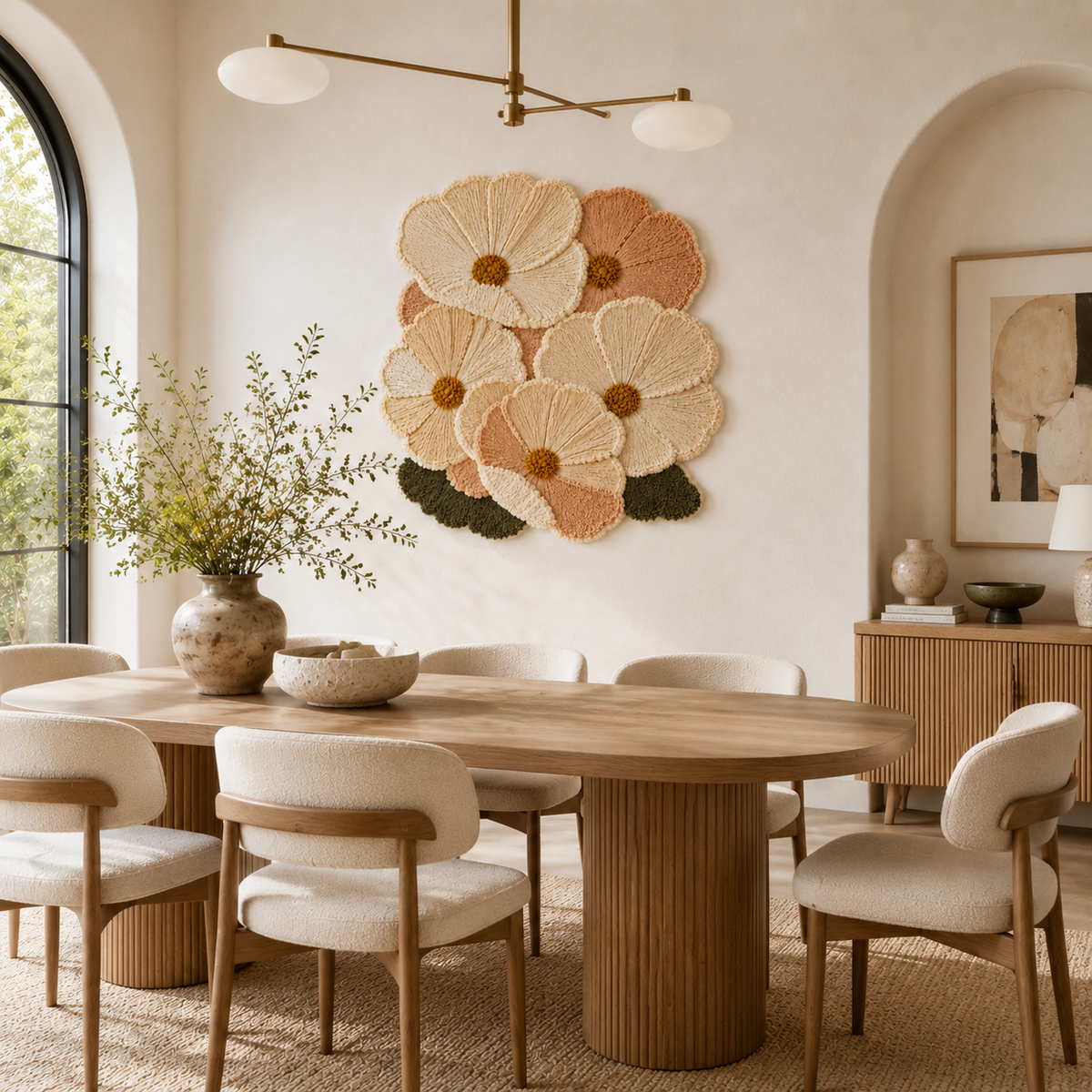 Cream Cosmos Cluster wall art by Hewn Earth featuring a vibrant, textured floral design suitable for modern interior decor.