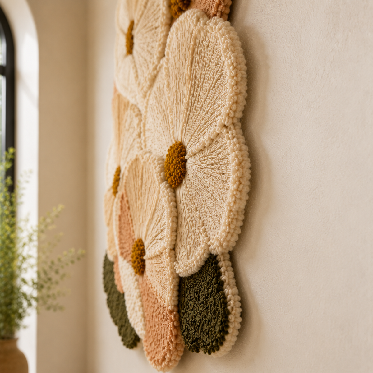 Cream Cosmos Cluster wall art by Hewn Earth featuring a detailed, textured floral design on a neutral background.