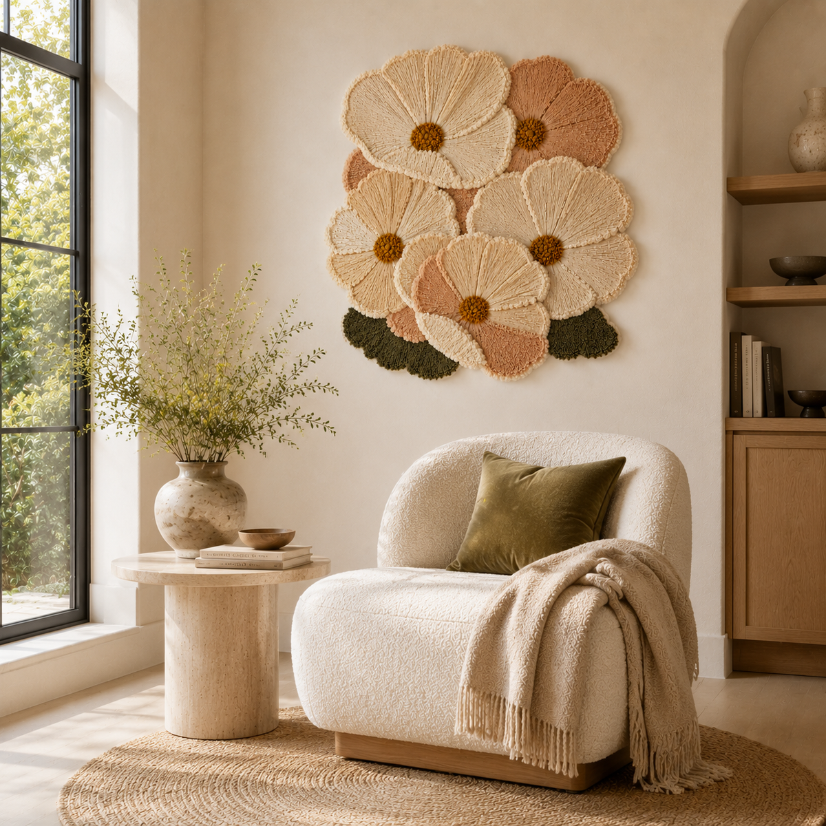 Cream Cosmos Cluster wall art by Hewn Earth featuring a delicate cluster of cream-colored cosmos flowers on a neutral background.