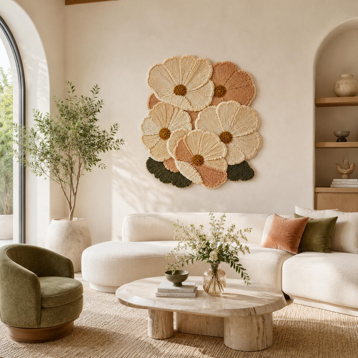 Cream Cosmos Cluster wall art by Hewn Earth featuring a textured cream-colored floral cluster design.