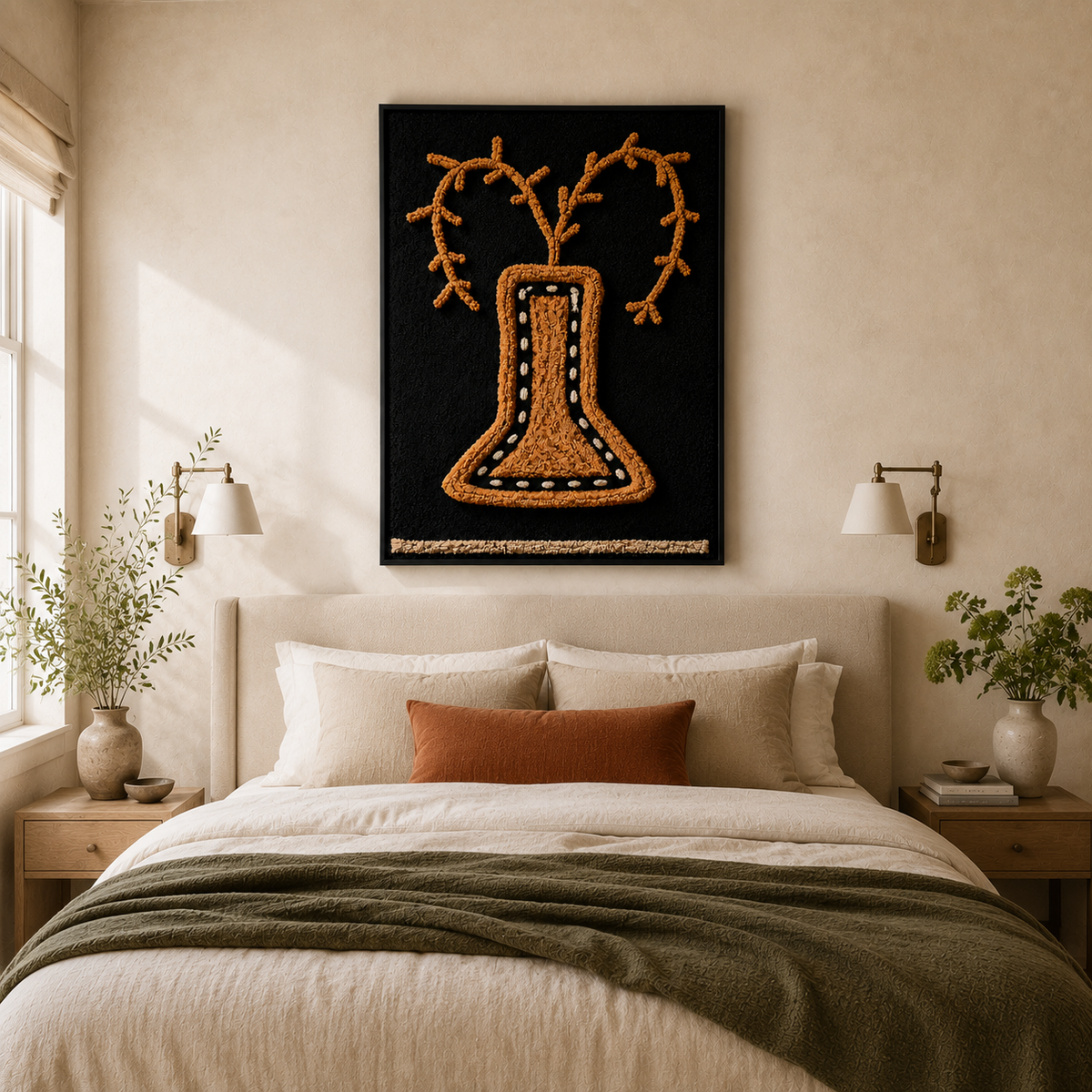 Hewn Earth Folk Vase Silhouette wall art, black and white design featuring a folk-style vase, modern wall decor.