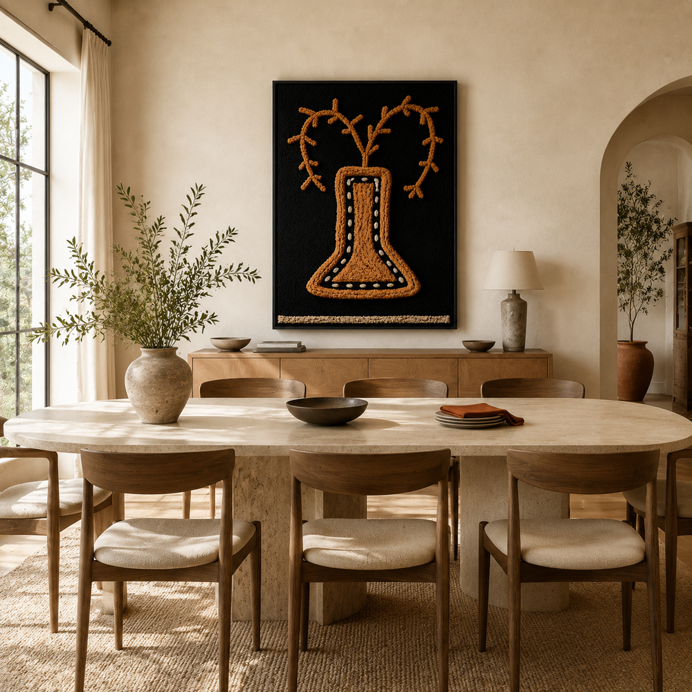 Hewn Earth Folk Vase Silhouette wall art, minimalist black and white design, suitable for modern home decor.