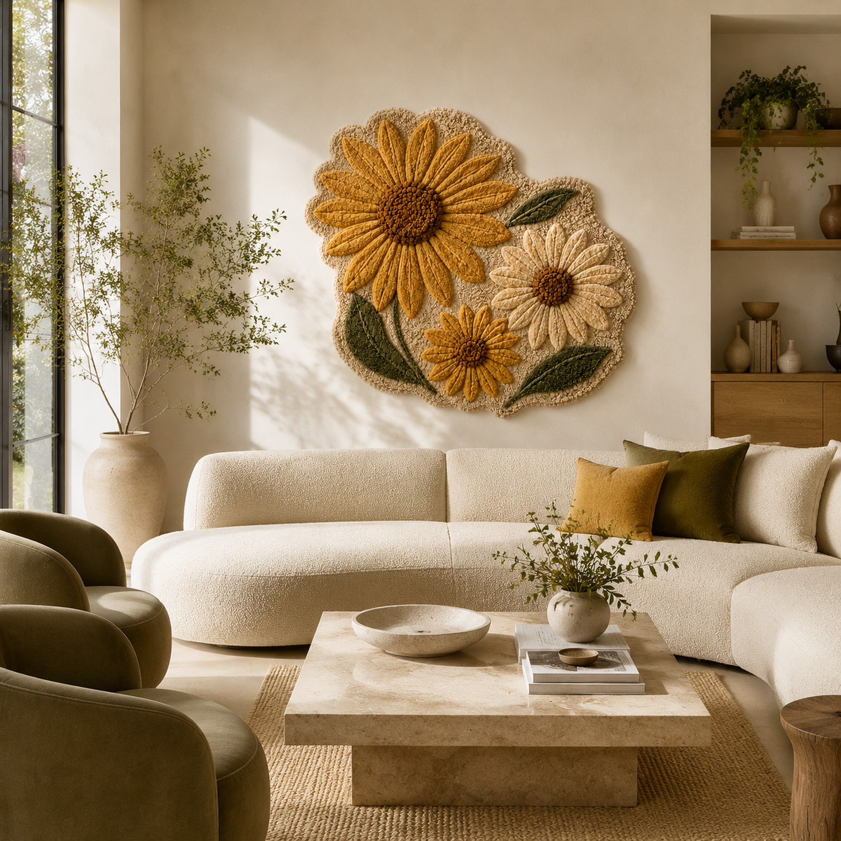 Hewn Earth sunflower wall art, HE-0024, vibrant yellow sunflower illustration on textured canvas for home decor.