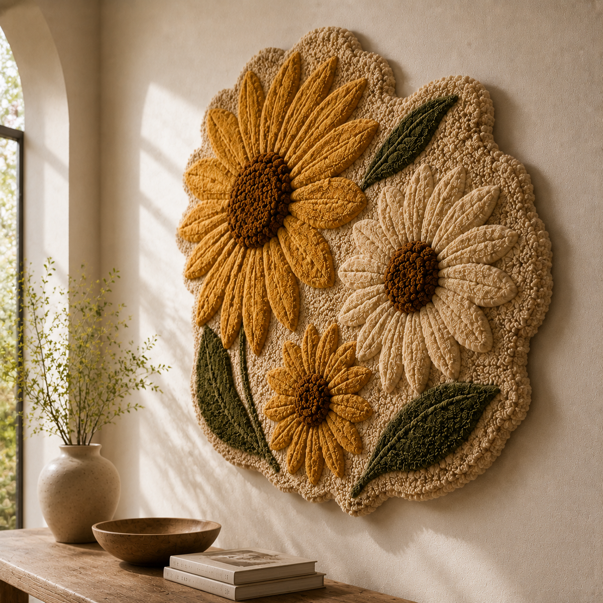 Hewn Earth Sunflower wall art, vibrant yellow sunflower illustration on textured background, decorative home decor piece