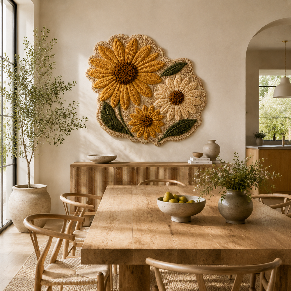 Hewn Earth sunflower wall art illustration featuring bright yellow sunflower against a neutral background, perfect for home decor.