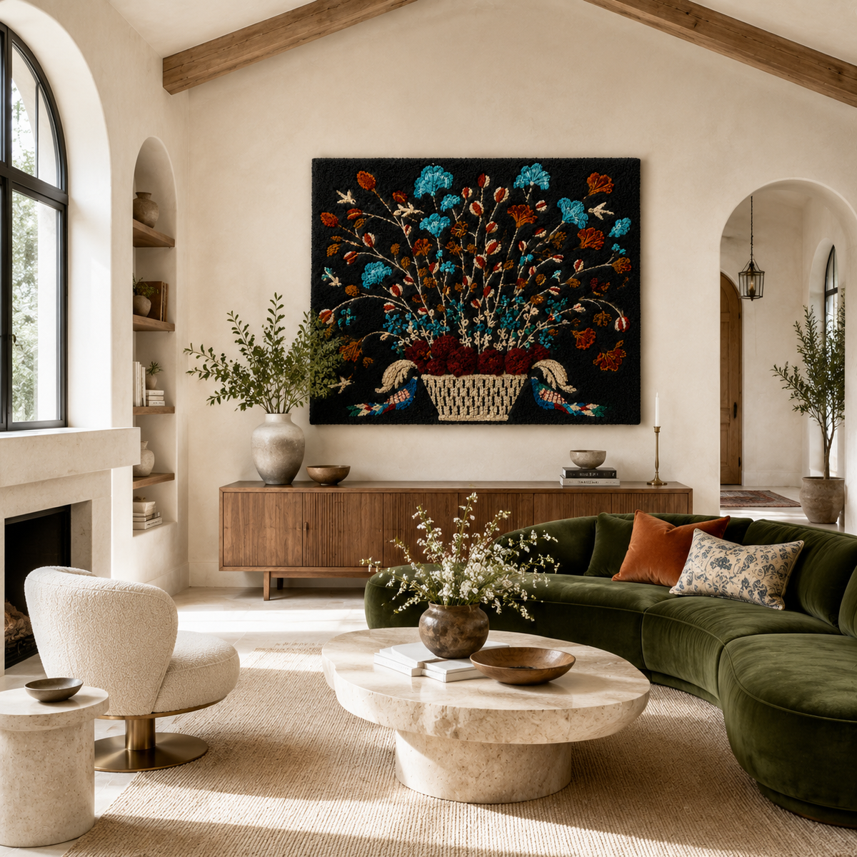 Hewn Earth Folk Wildflower Basket wall art featuring colorful wildflowers in a basket on a textured background.