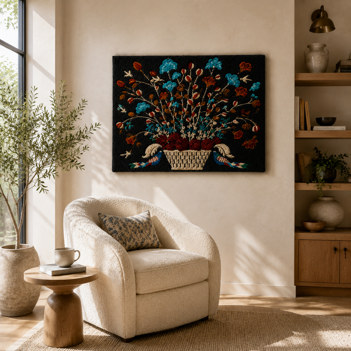 Hewn Earth Folk Wildflower Basket wall art featuring a vibrant arrangement of wildflowers in a rustic basket.
