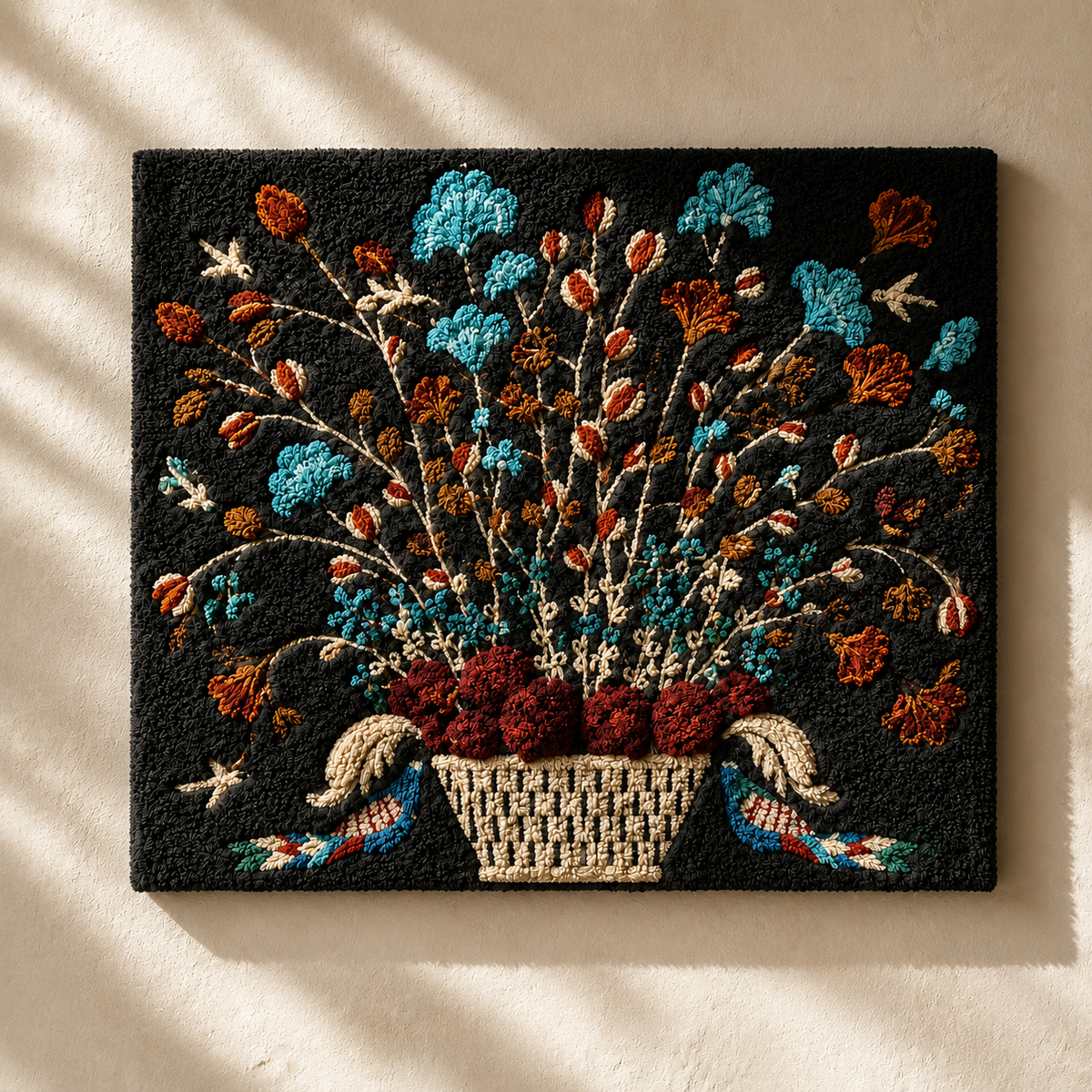 Hewn Earth Folk Wildflower Basket wall art featuring a vibrant floral arrangement in a rustic basket, suitable for home decor.