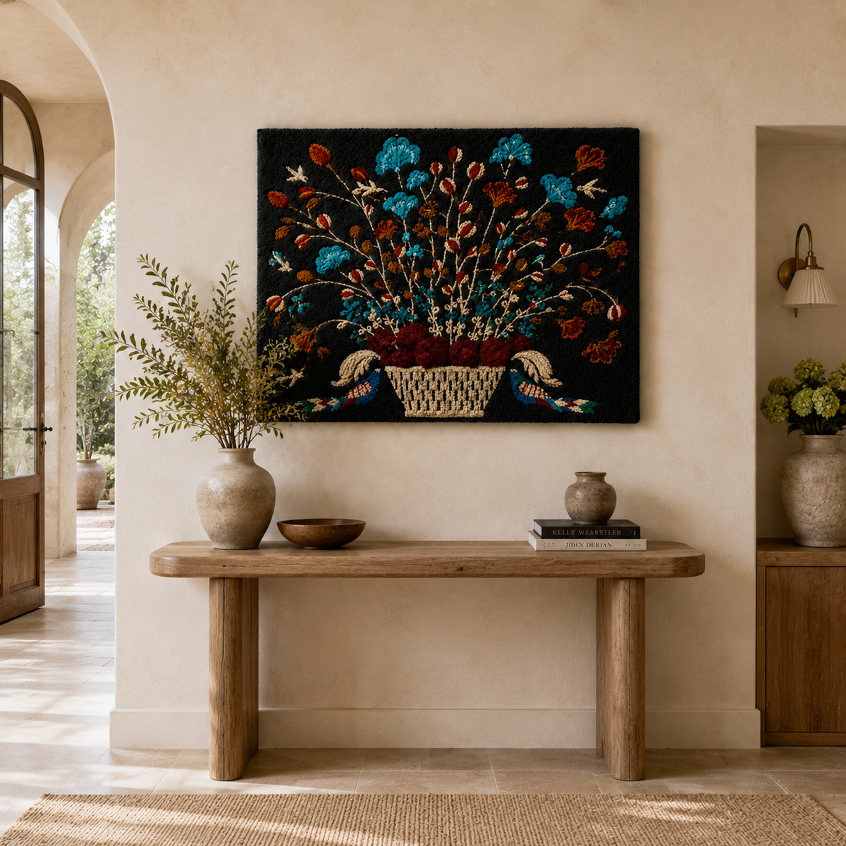 Hewn Earth Folk Wildflower Basket wall art featuring vibrant wildflowers in a woven basket, suitable for rustic home decor.
