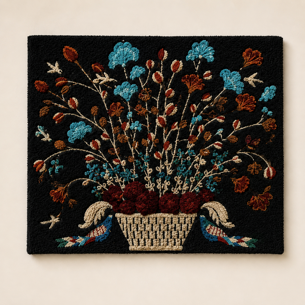 Hewn Earth Folk Wildflower Basket wall art featuring a vibrant arrangement of wildflowers in a woven basket.