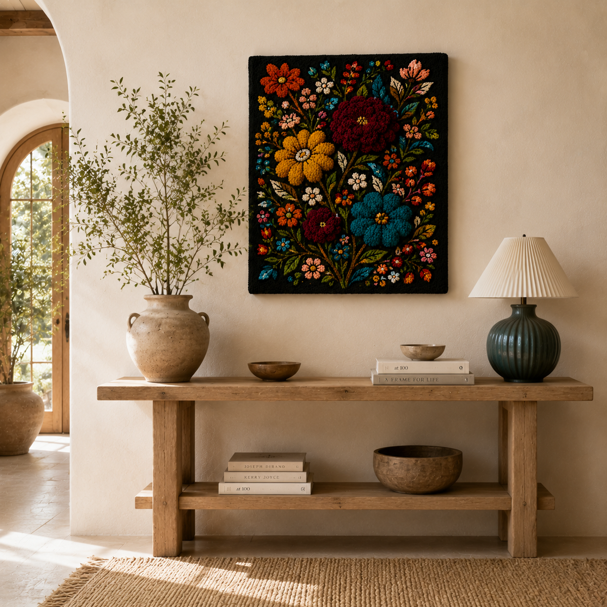 Hewn Earth Folk Floral Bouquet wall art featuring vibrant, detailed floral design on a neutral background.