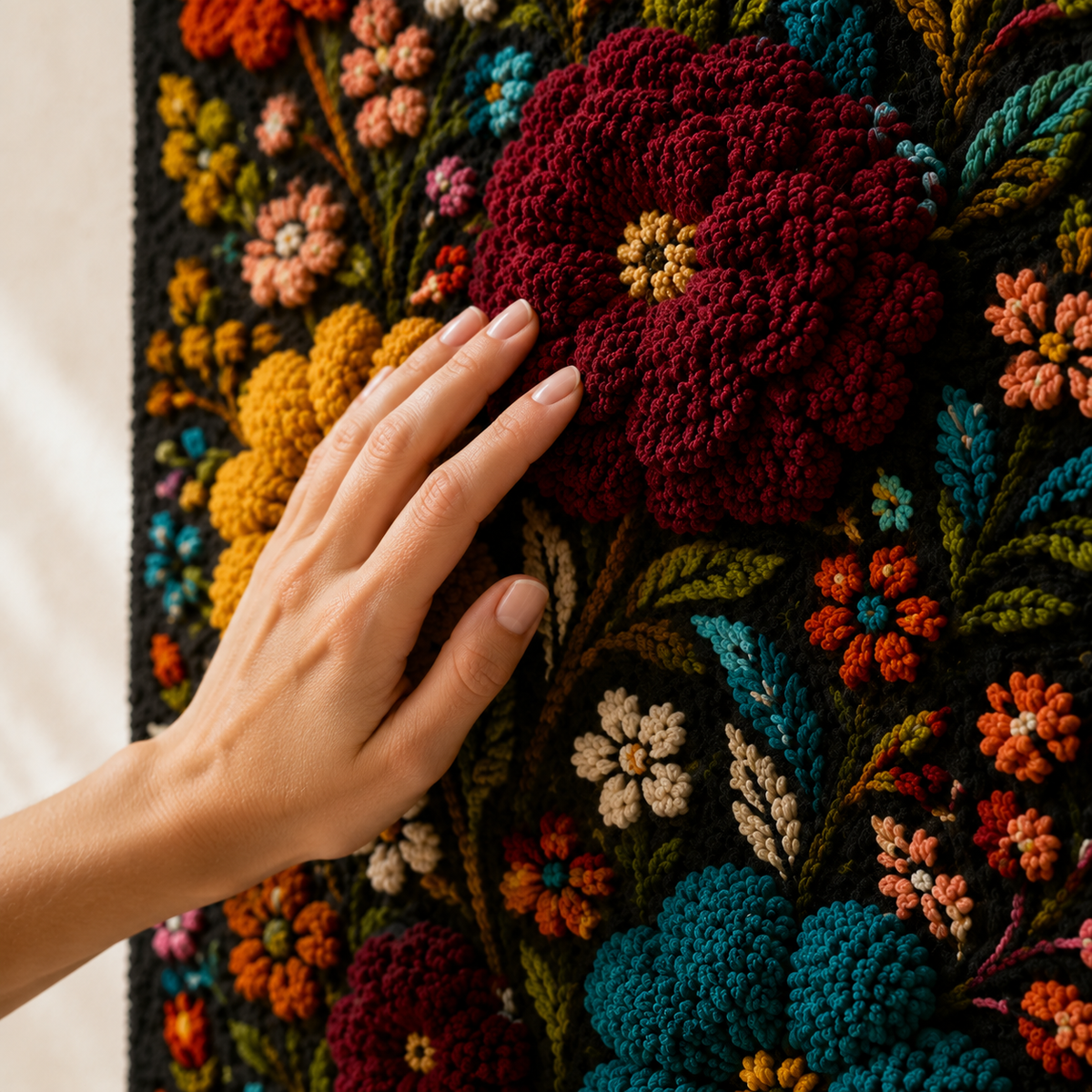 Hewn Earth Folk Floral Bouquet wall art, vibrant floral design in a folk art style, suitable for home decor.
