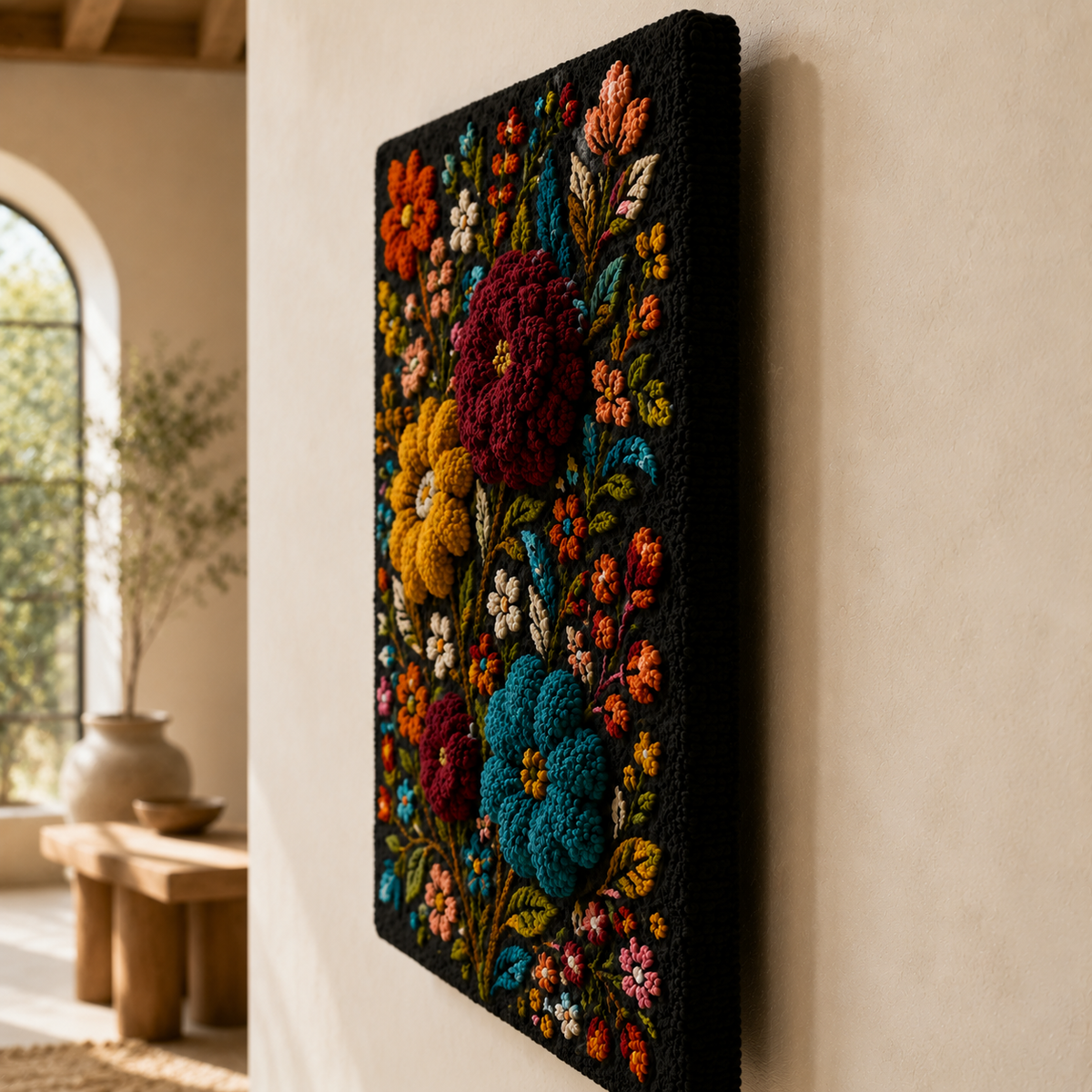Hewn Earth Folk Floral Bouquet wall art featuring vibrant hand-painted floral design on a neutral background.