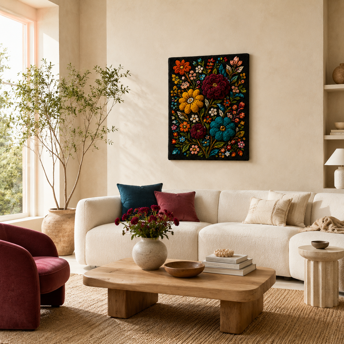 Hewn Earth Folk Floral Bouquet wall art featuring colorful floral designs on a canvas for home decor.