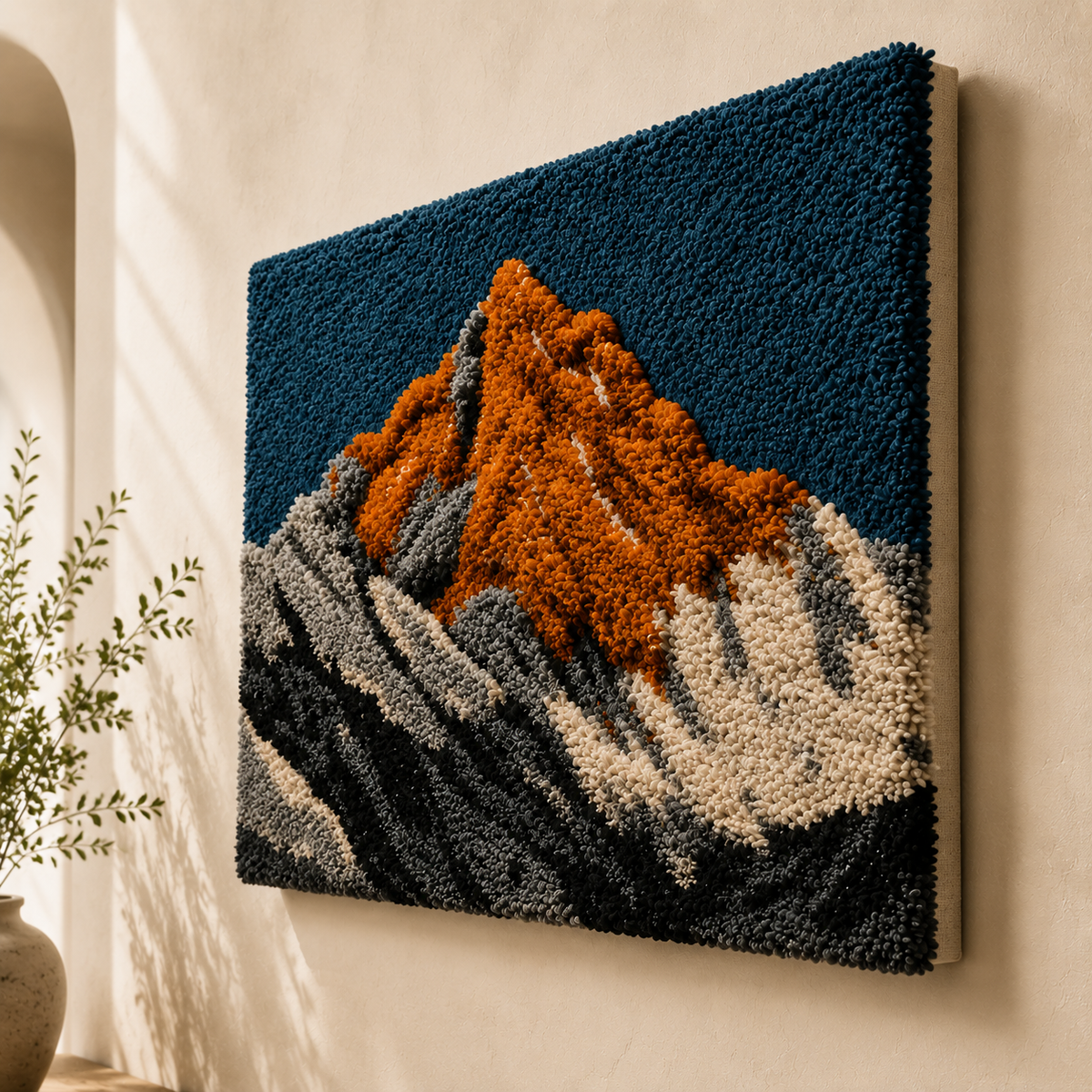 Hewn Earth Mountain Peak wall art, modern landscape painting featuring a rugged mountain scene on a textured canvas.
