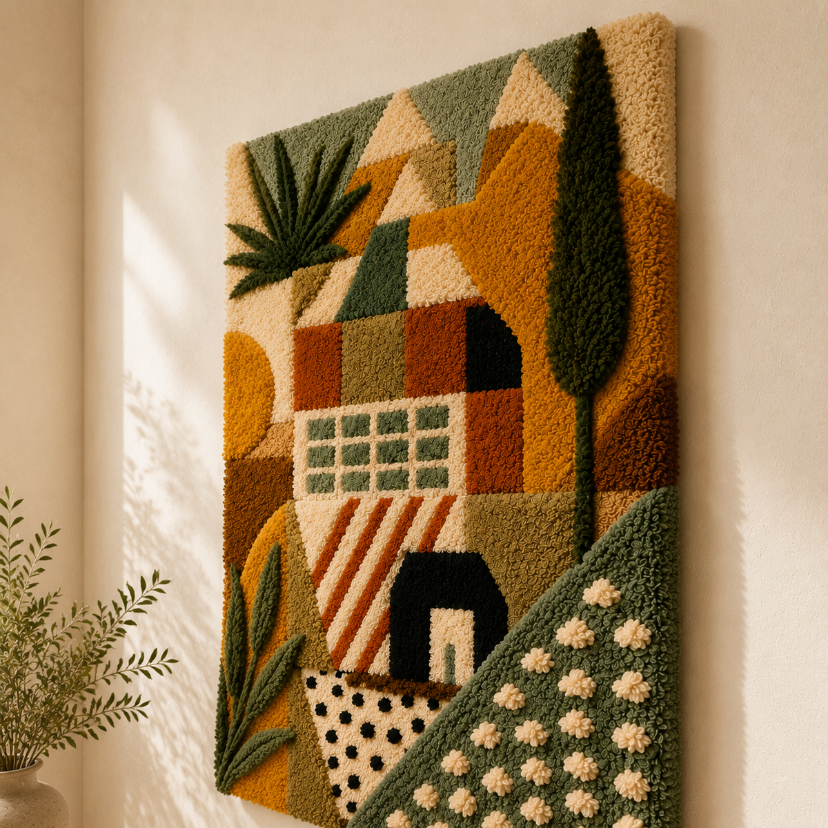 Hewn Earth Tuscan Village wall art featuring scenic Tuscan landscape with rolling hills and rustic buildings, ideal for home decor.