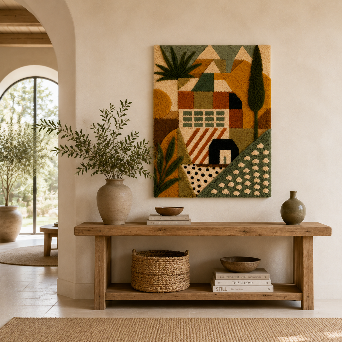 Hewn Earth Tuscan Village wall art, scenic landscape painting, detailed earthy tones, ideal for rustic home decor.