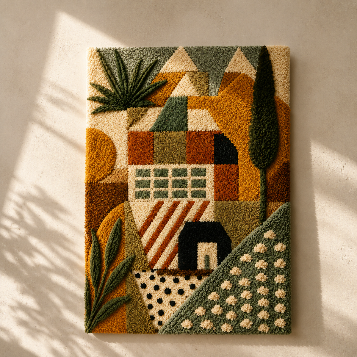 Hewn Earth Tuscan Village wall art featuring a scenic landscape with buildings and mountains in warm earthy tones.