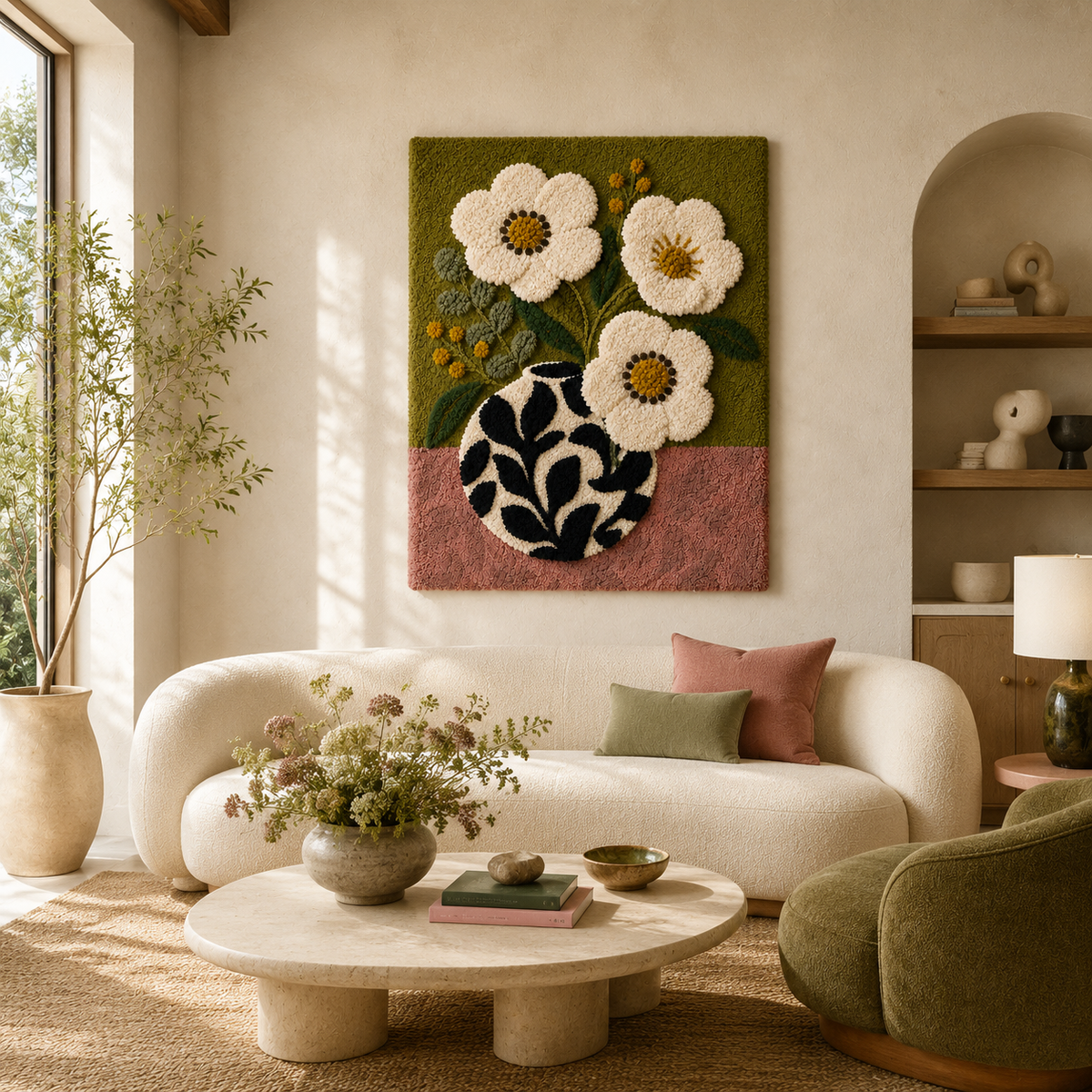 Cream flower wall art in a folk-style vase, Hewn Earth decorative wall decor featuring soft floral design and rustic charm.