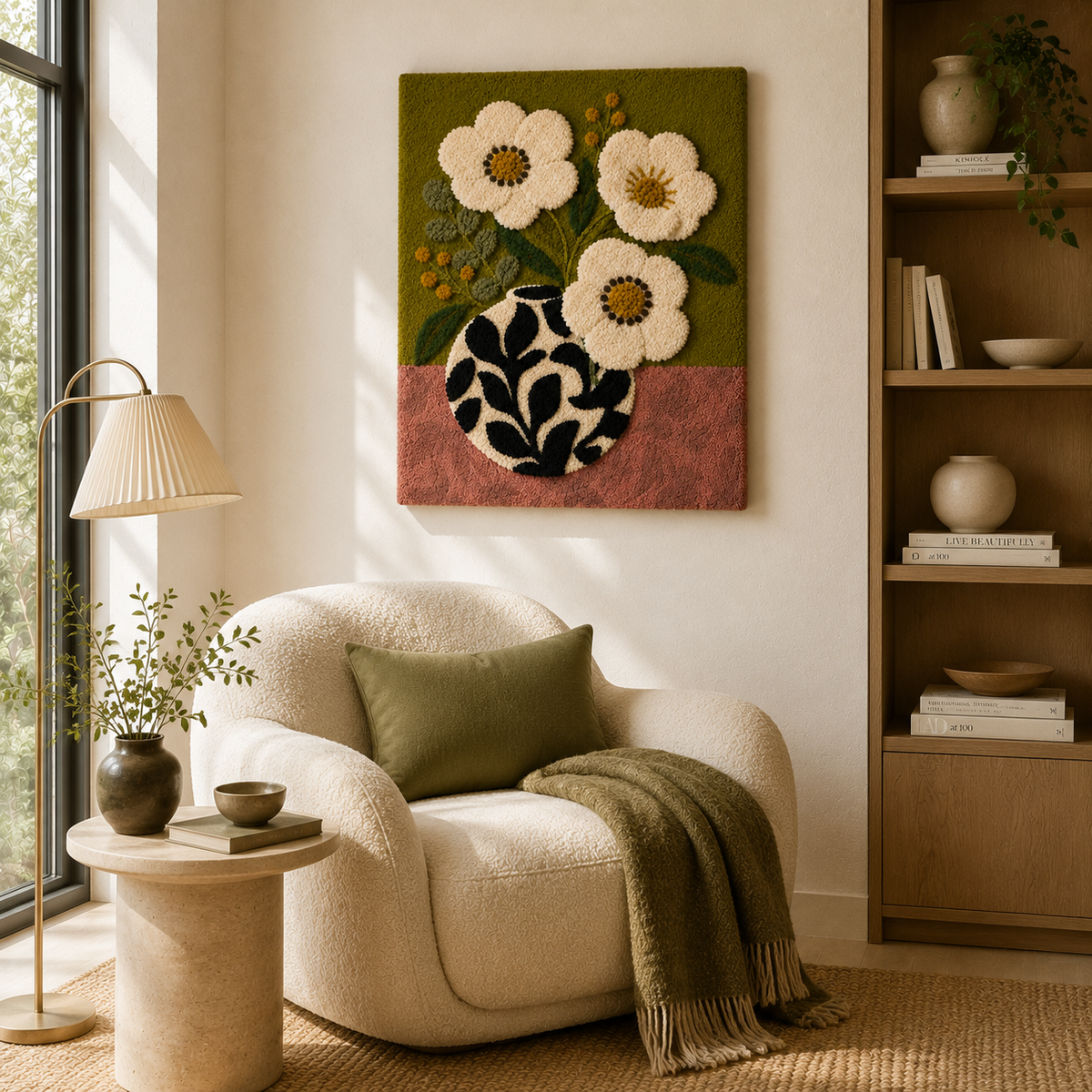 Cream floral wall art featuring folk-inspired design in a Hewn Earth vase, perfect for adding rustic charm to your space.