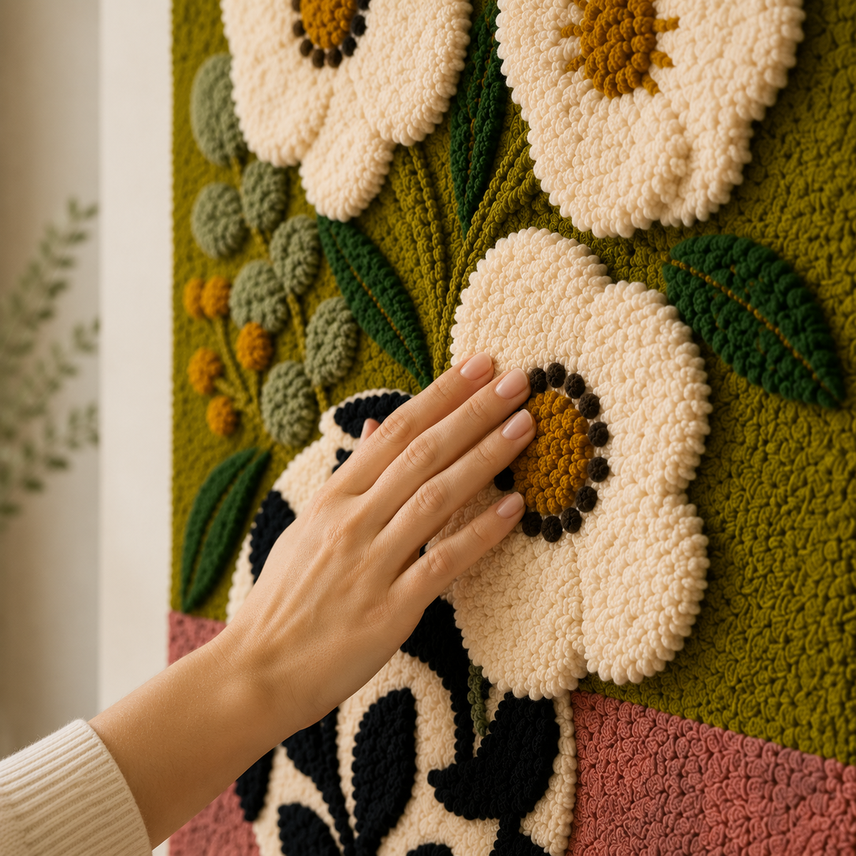 Cream flower wall art by Hewn Earth featuring a folk-style floral design in a decorative vase.