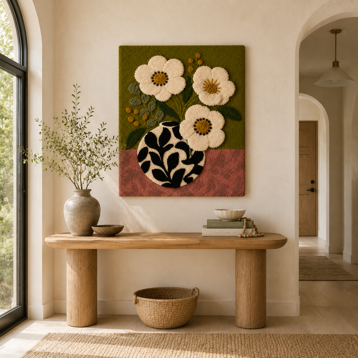 Cream flower wall art by Hewn Earth featuring a folk-style vase with delicate cream-colored flowers displayed as wall decor.
